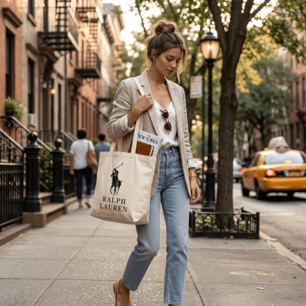Ralph Lauren Classic Minimalist Canvas Tote Bag - Black Logo on Natural Cream