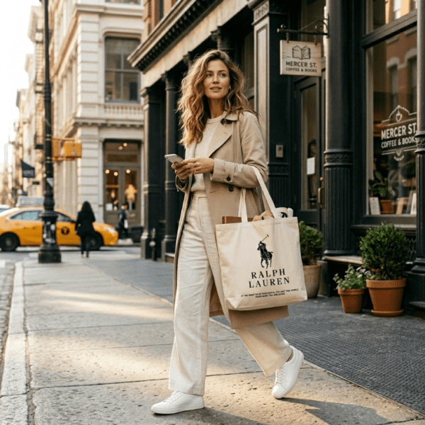 Ralph Lauren Classic Minimalist Canvas Tote Bag - Black Logo on Natural Cream