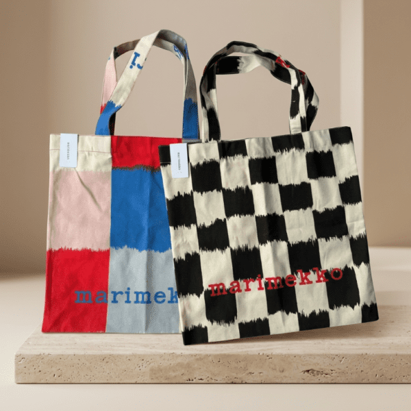 Marimekko Abstract Canvas Tote Bag - Blurred Checkerboard & Watercolor Color-Block Edition