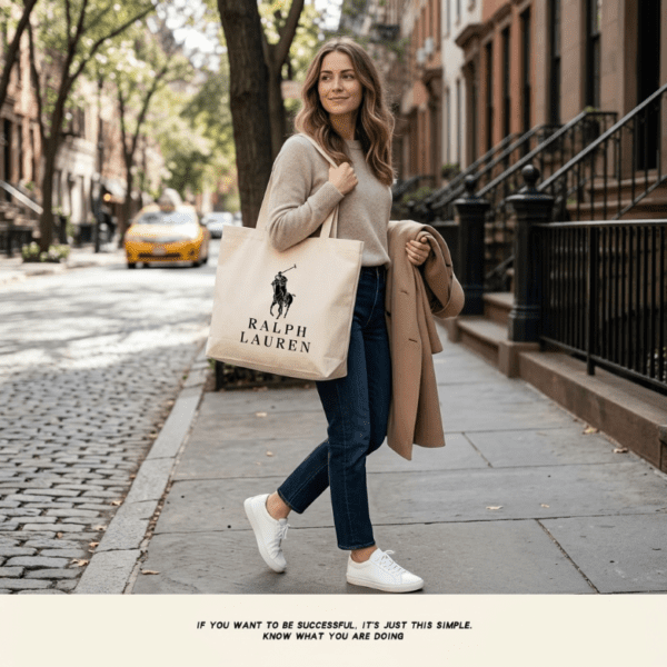 Ralph Lauren Classic Minimalist Canvas Tote Bag - Black Logo on Natural Cream