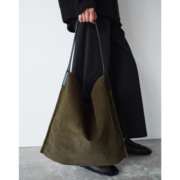 Moss Green Corduroy Slouchy Tote Bag – Minimalist Large Shoulder Bag for Everyday Chic