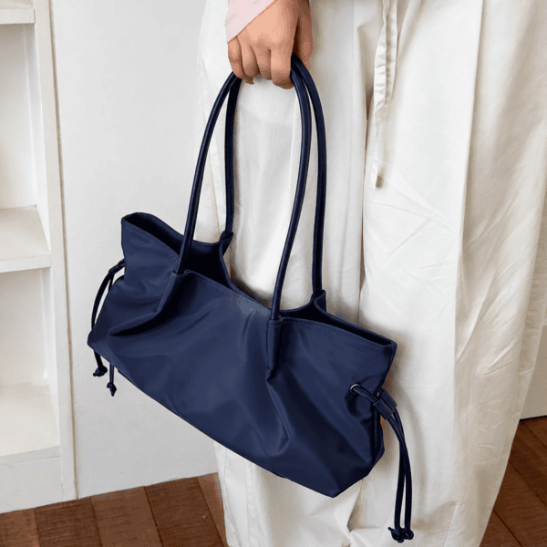 Minimalist Ruched Drawstring Shoulder Bag – Slouchy East-West Tote Bag with Slim Handles