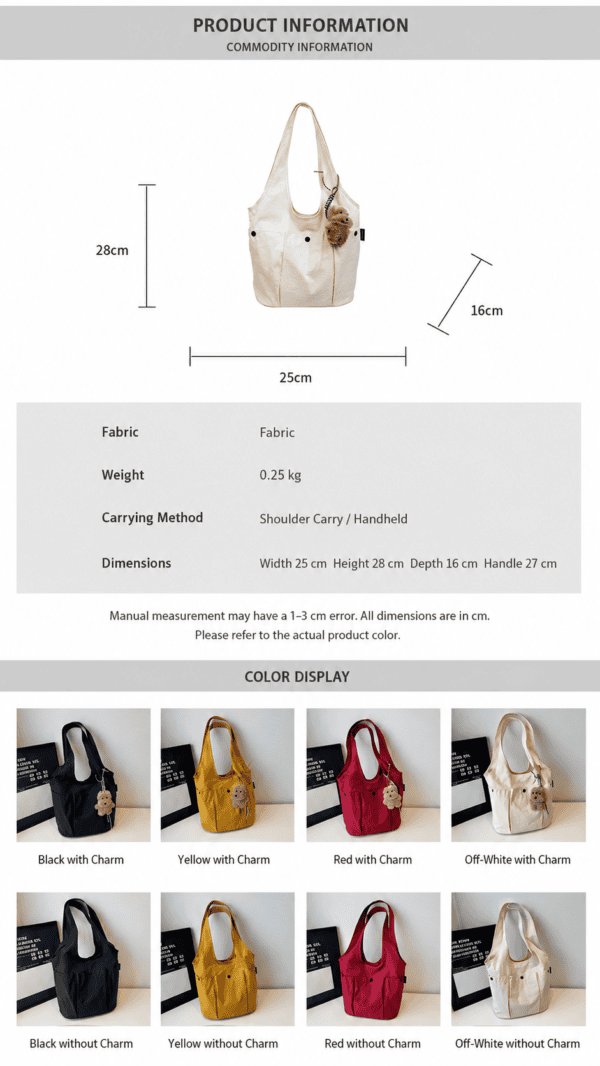 Ultra-Light Everyday Canvas Shoulder Bag | Casual Multi-Pocket Tote with Cute Bear Charm