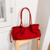 Minimalist Ruched Drawstring Shoulder Bag – Slouchy East-West Tote Bag with Slim Handles