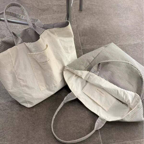 Reversible 2-in-1 Striped Canvas Tote Bag | Large Capacity Dual-Style Shoulder Bag