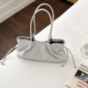 Minimalist Ruched Drawstring Shoulder Bag – Slouchy East-West Tote Bag with Slim Handles