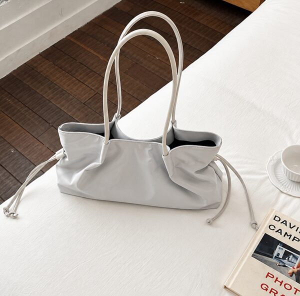 Minimalist Ruched Drawstring Shoulder Bag – Slouchy East-West Tote Bag with Slim Handles