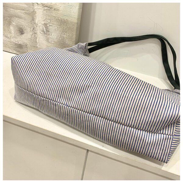 Slouchy Blue Striped Canvas Shoulder Bag - Minimalist Daily Underarm Hobo Tote