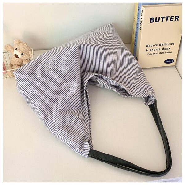 Slouchy Blue Striped Canvas Shoulder Bag - Minimalist Daily Underarm Hobo Tote