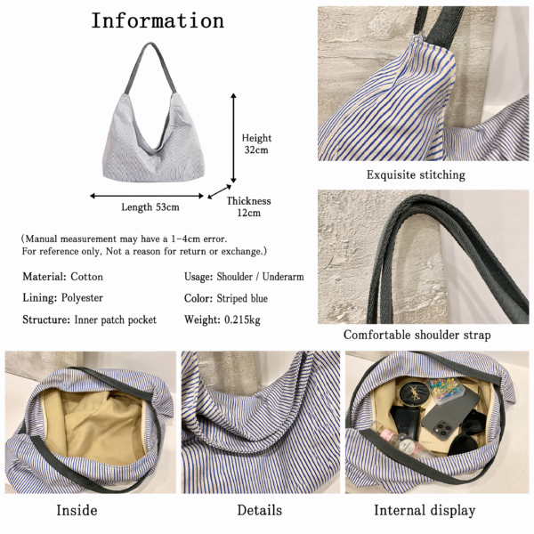 Slouchy Blue Striped Canvas Shoulder Bag - Minimalist Daily Underarm Hobo Tote
